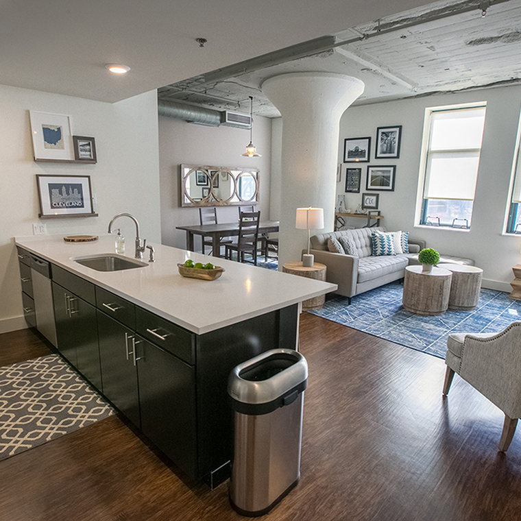 Kitchen area with bar seating